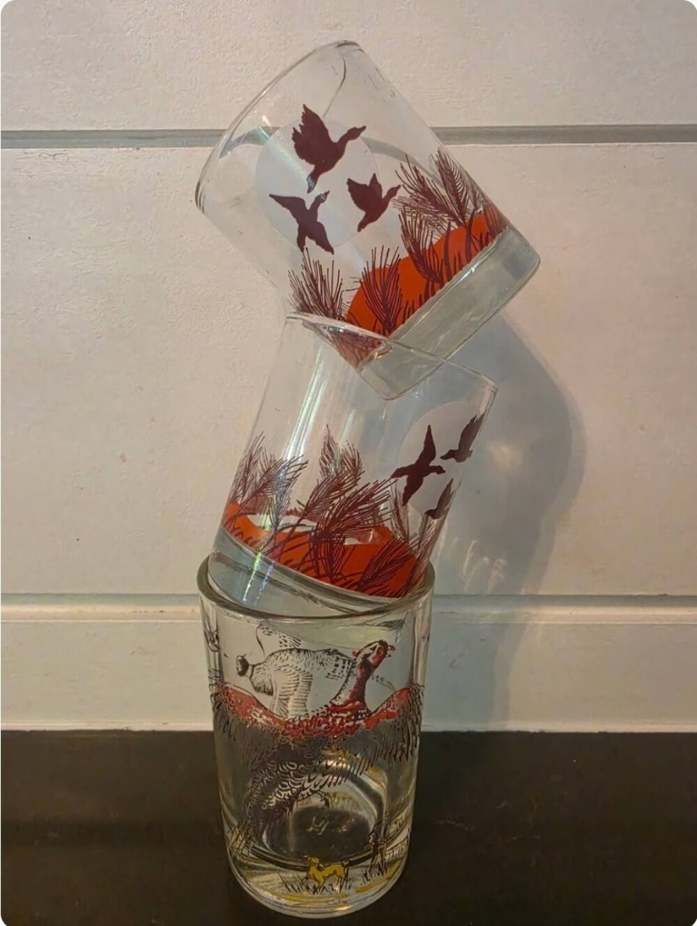Vintage Shot Glasses Geese Pheasant Hunter Themed Set Of 3